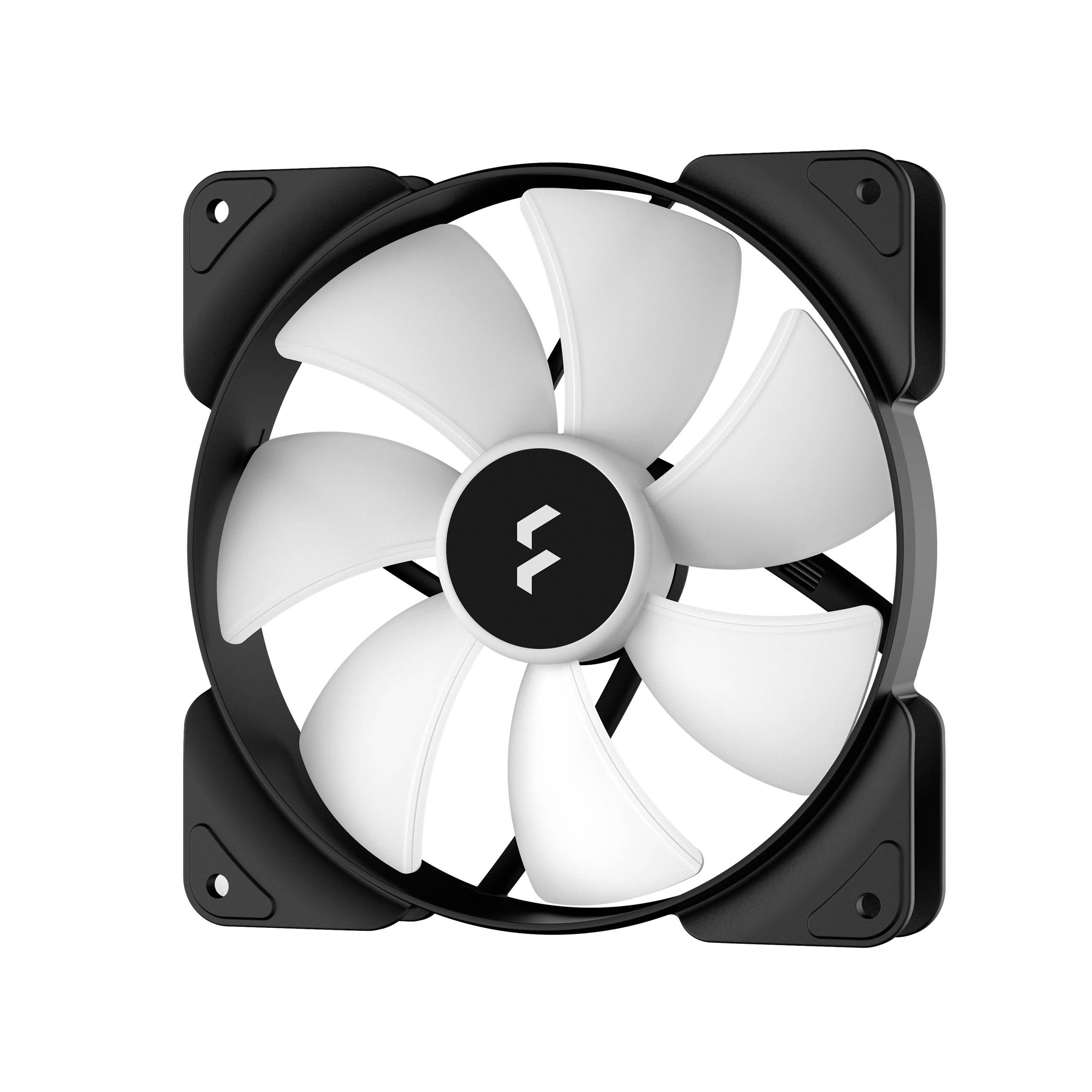 Čierny počítačový ventilátor so siedmimi bielymi lopatkami rotora, umiestnený v štvorcovom ráme s montážnymi bodmi v rohoch.