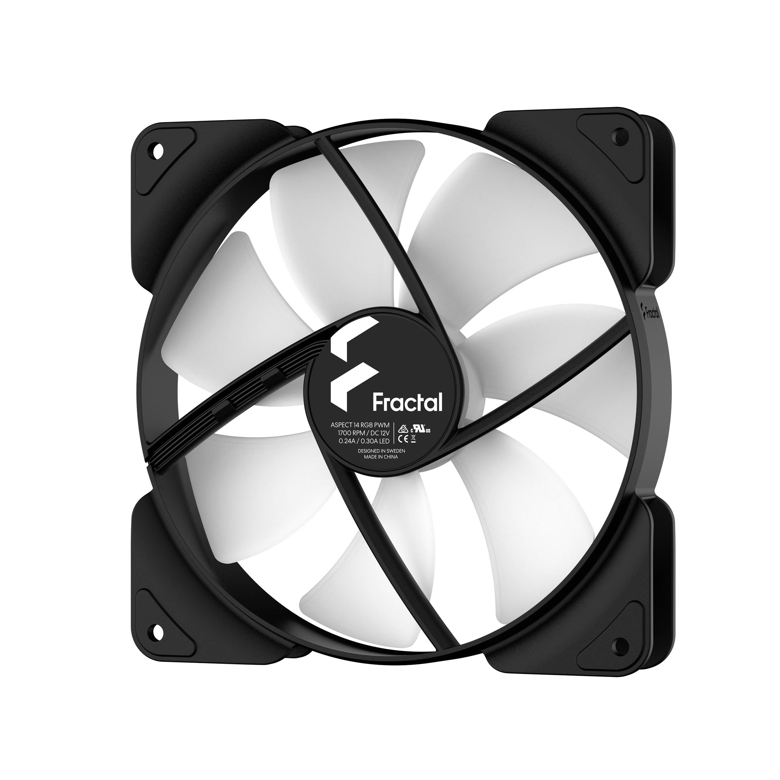 Čierny počítačový ventilátor s bielym rotorom a štvorcovým rámom. Označenie 'Fractal' v strede ventilátora.