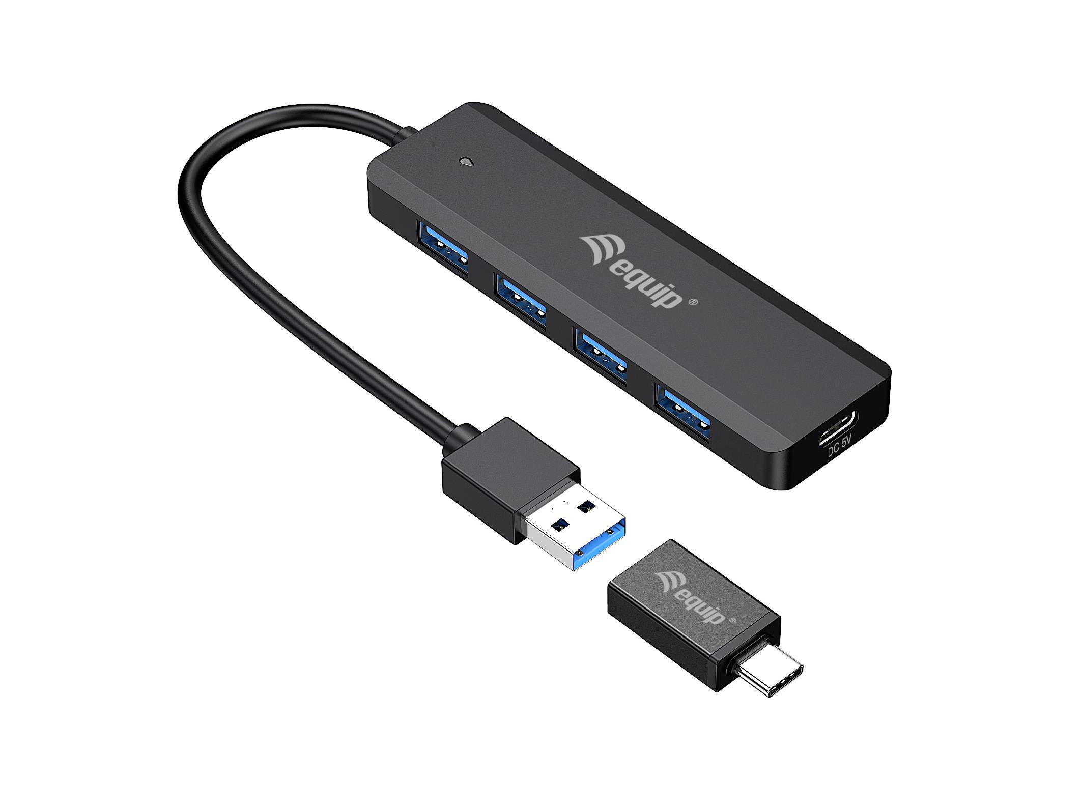 USB hub so štyrmi portmi a integrovaným káblom, ponúka pripojenia USB typ A a typ C, čierny.