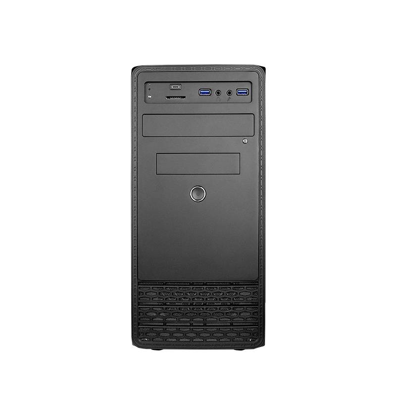Čierna počítačová skrinka s USB portami a DVD mechanikou na prednej strane. Štandardný dizajn pre stolové počítače.