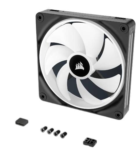 Čierny počítačový ventilátor s bielym rotorom, zobrazený so skrutkami na montáž a pripojením, vhodný pre chladenie počítača.