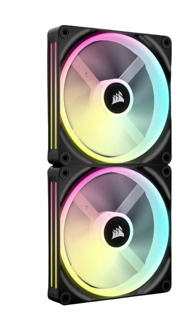 Dva počítačové ventilátory namontované nad sebou, osvetlené v rôznych farbách. V strede majú centrálne firemné logo.