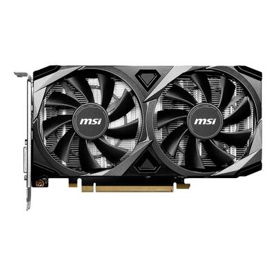Grafická karta MSI s dvoma ventilátormi, v čiernom kryte s PCIe rozhraním, vhodná pre výkonné počítačové aplikácie.