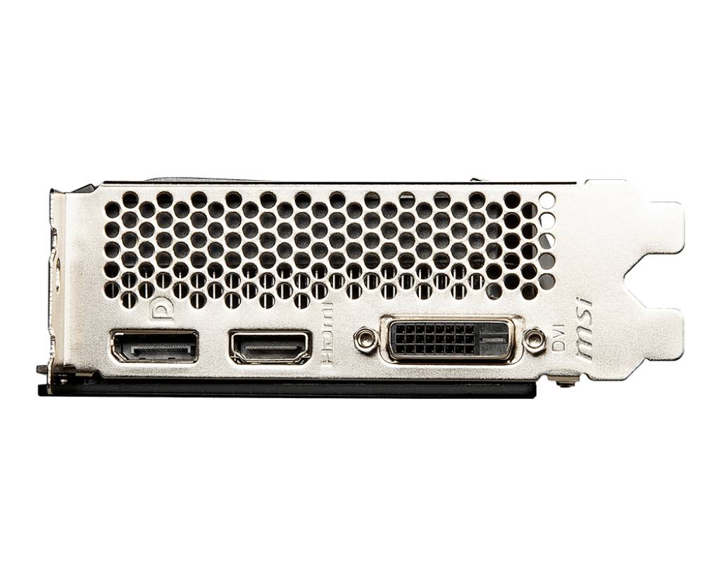 Zadná strana grafickej karty s konektormi: jeden DisplayPort, jeden HDMI a jeden DVI. Vetracie mriežky sú viditeľné.