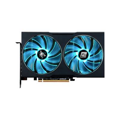 Grafická karta s dvoma veľkými, svietiacimi ventilátormi v modrej farbe a logom AMD na PCI konektore.
