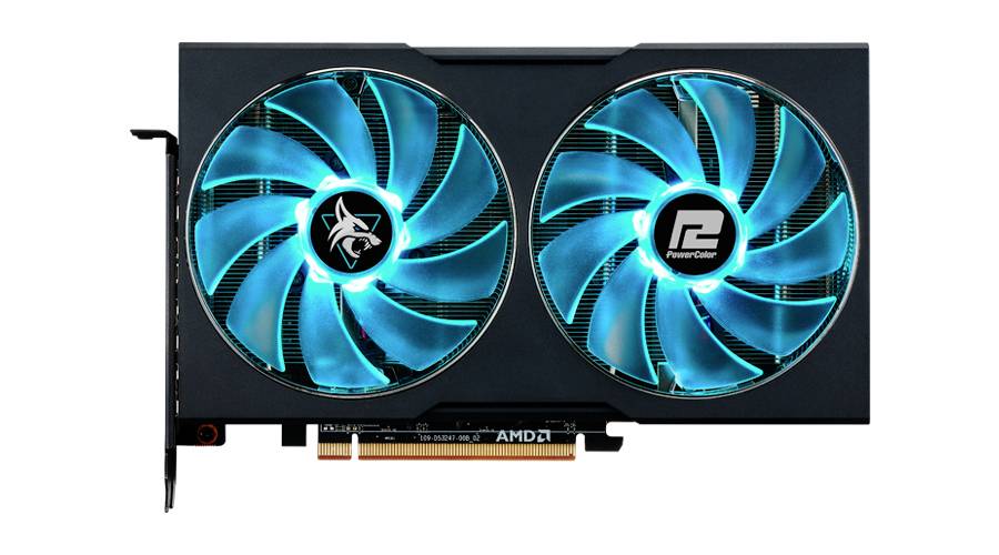 Grafická karta s dvoma veľkými, osvetlenými ventilátormi. Ventilátory majú modré podsvietenie. Dole je viditeľný konektor.