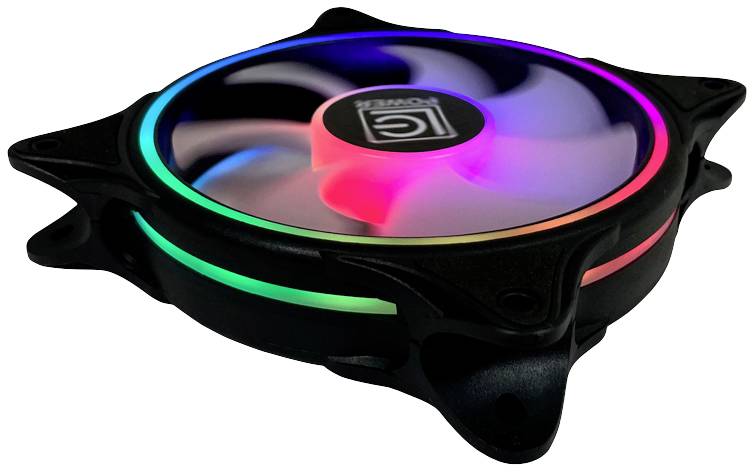 Počítačový ventilátor s RGB LED podsvietením v rôznych farbách na čiernej skrinke, ideálny pre chladenie a osvetlenie počítača.