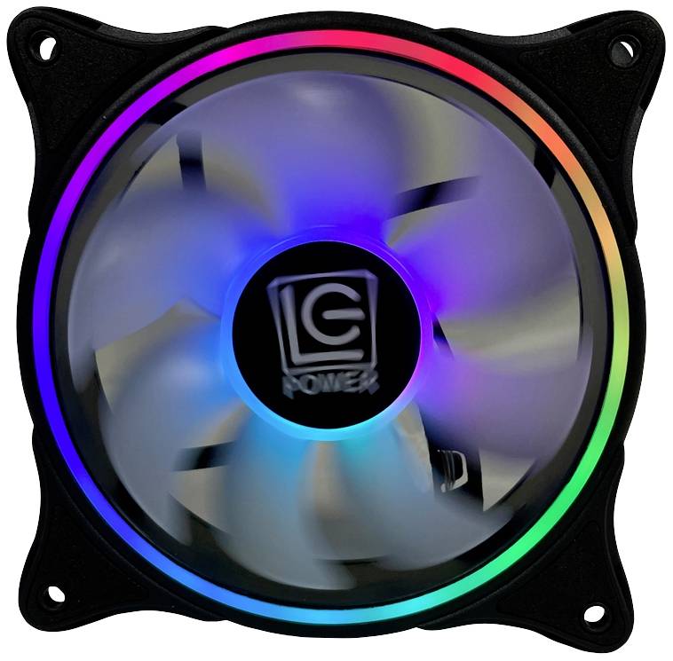 Ventilátor s podsvietenými RGB LED diódami a firemným logom v strede.