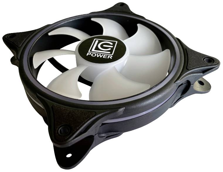 Čierny počítačový ventilátor s bielym rotorom a logom 'LC Power' na náboji. Ventilátor má moderný, hranatý dizajn.