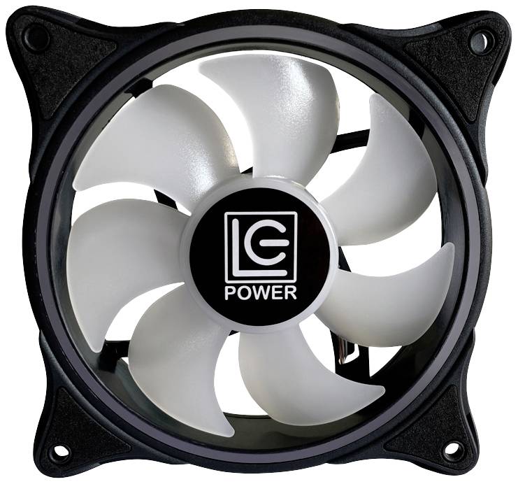 Čierny počítačový ventilátor so šiestimi bielymi lopatkami rotora a logom 'LC Power' uprostred, na čiernom pozadí.