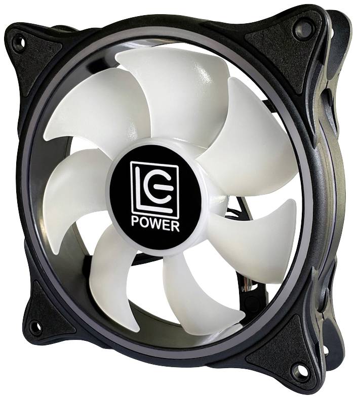Ventilátor so šiestimi bielymi lopatkami, čiernym rámom a logom LC Power uprostred.