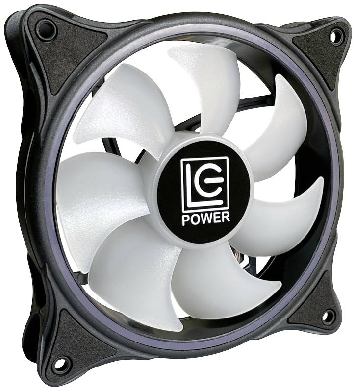 Ventilátor s čiernym rámom a bielymi lopatkami, označený nápisom 'LC Power' v strede ventilátora.