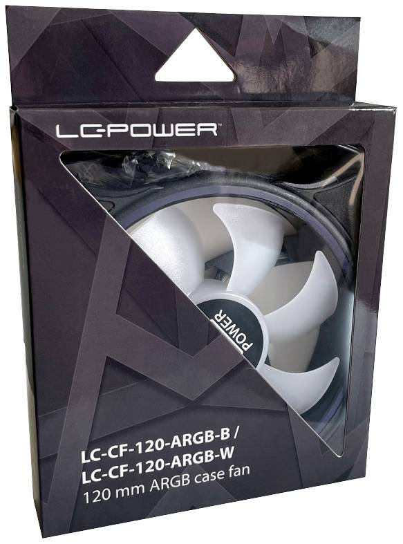 Balenie s 120 mm ARGB ventilátorom do počítačovej skrine LC-Power, viditeľné cez okno. Na prednej strane je uvedené číslo modelu a farba.
