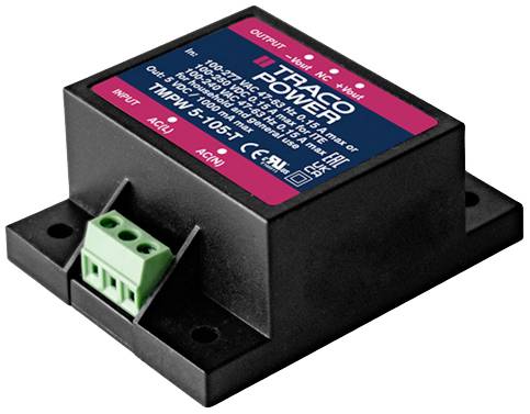 Elektronická súčiastka, AC/DC menič od TRACO Power s modelom TMW 5-105. Označenia pre vstup a výstup, čierna farba puzdra.