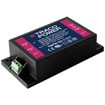 Čierne napájacie zariadenie Traco Power s červeným a modrým štítkom, zobrazujúce technické špecifikácie a navrhnuté pre napájanie.