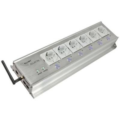 Sieťová zásuvková lišta ALLNET ALL4176 so šiestimi zásuvkami a WLAN anténou. LED diódy indikujú stav napájania a aktivity.