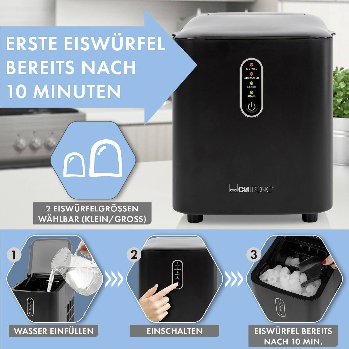 Výrobník ľadu: prvé ľadové kocky za 10 minút, možnosť výberu z dvoch veľkostí. Ovládanie: naplniť vodou, zapnúť, hotovo.