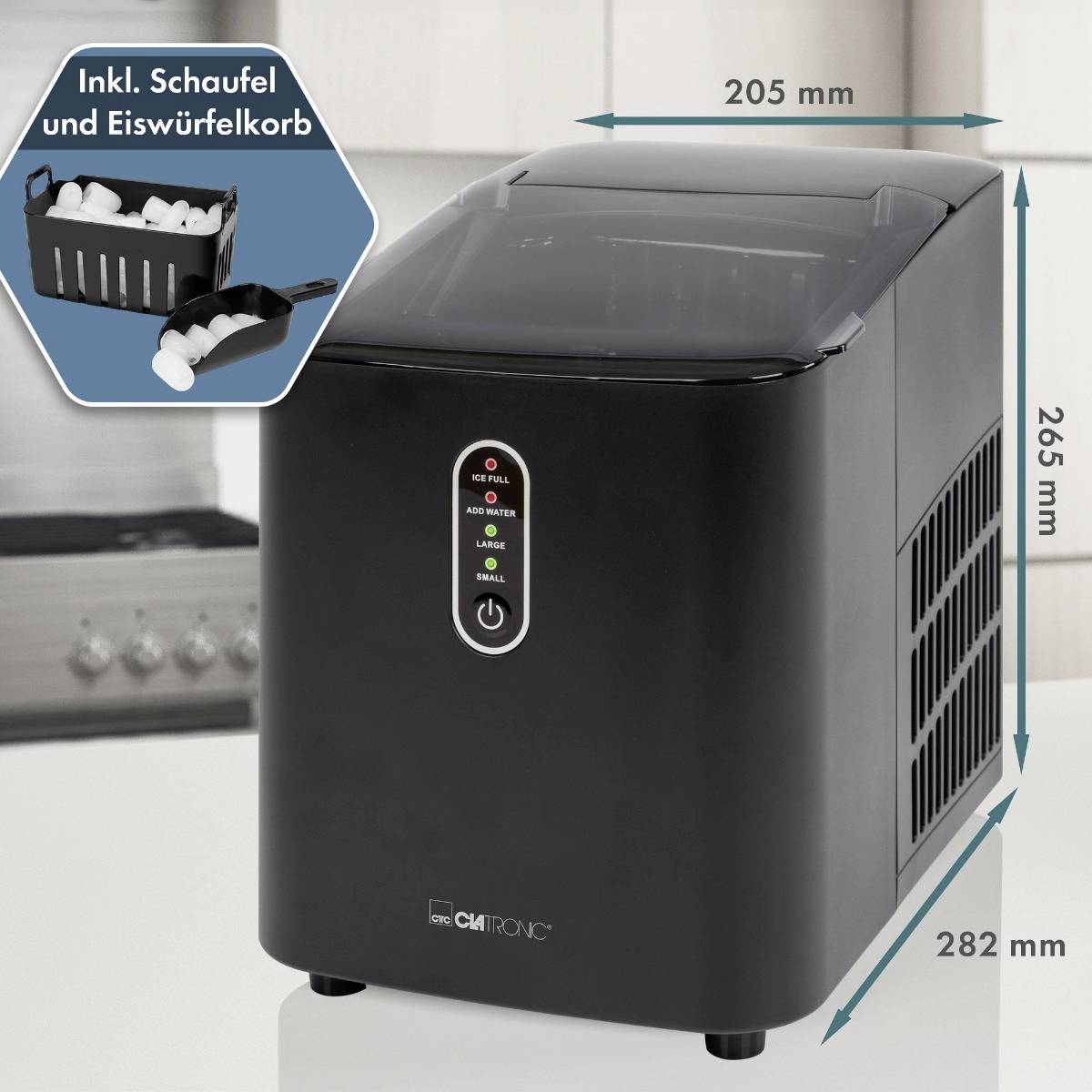 Čierny výrobník ľadu s rozmermi 205 x 265 x 282 mm, vrátane lyžice a košíka na ľadové kocky.