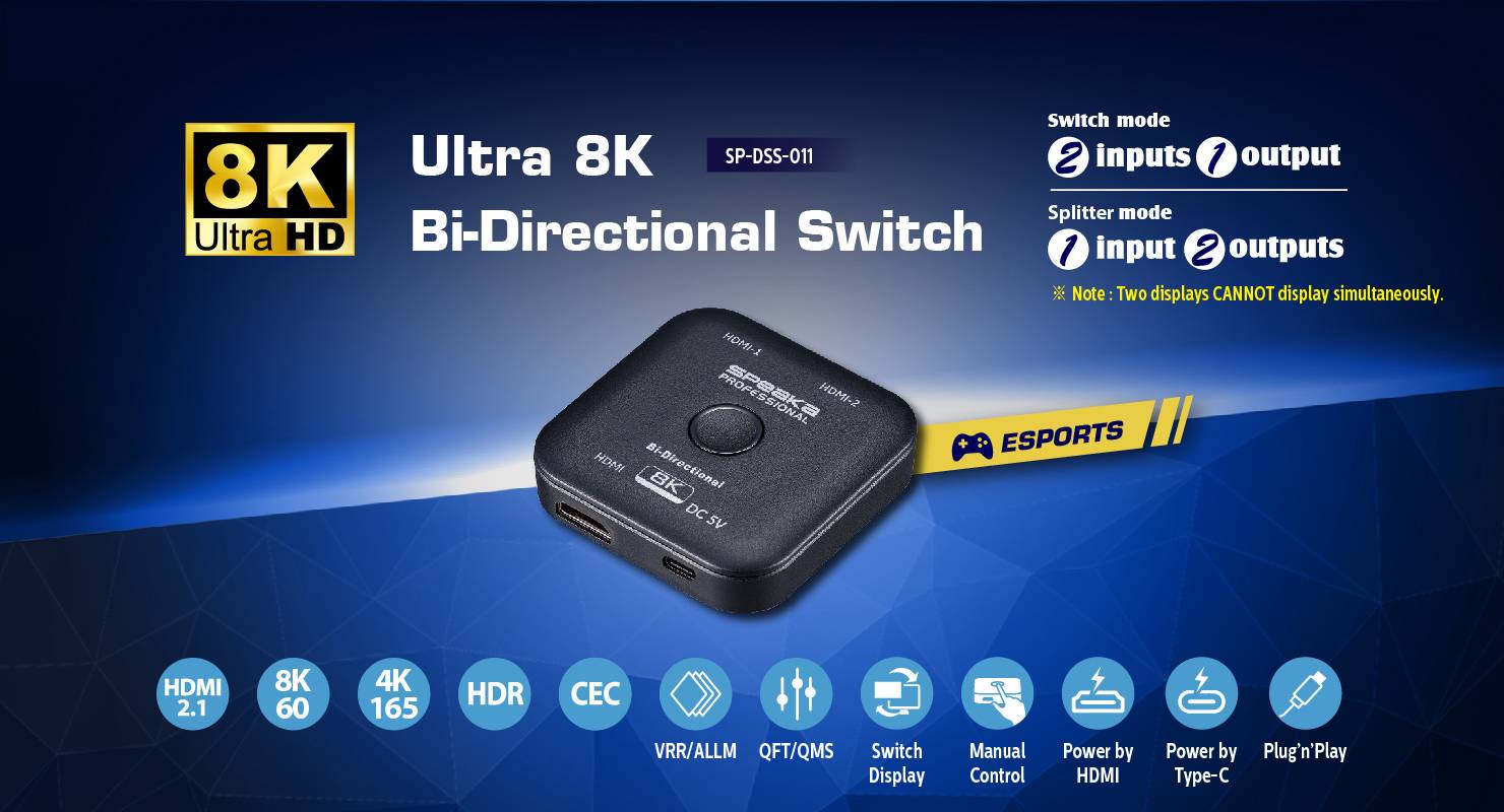Obrázok zobrazuje Ultra 8K obojsmerný prepínač. Má 2 vstupy a 1 výstup alebo 1 vstup a 2 výstupy. Podporuje štandard HDMI 2.1.
