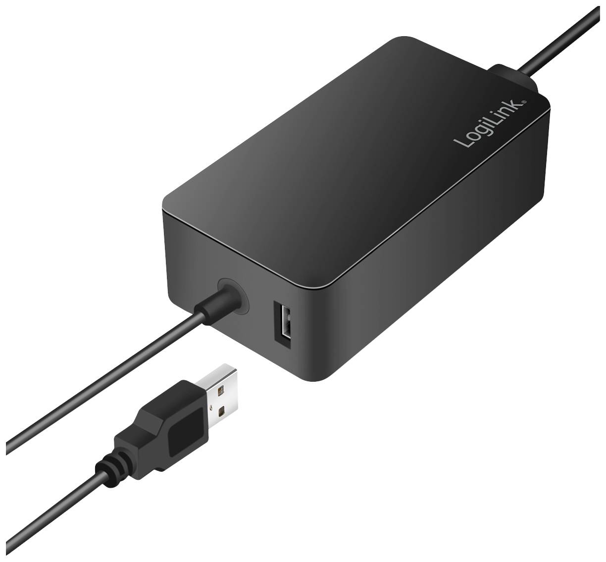 Čierna USB nabíjačka LogiLink s dvoma portami; jeden sa pripája káblom, druhý je USB port na boku.