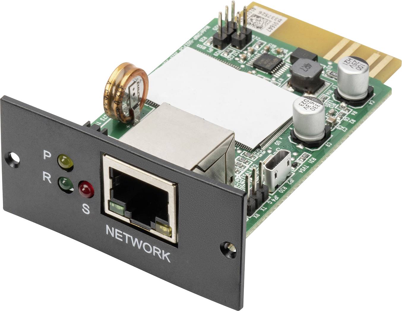 Sieťová adaptérová karta s ethernetovým rozhraním, LED indikátormi a elektronickými komponentmi. Slúži na pripojenie zariadení do siete.