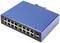 Modrý sieťový prepínač s 16 ethernetovými portami a robustným krytom. Vhodný pre priemyselné použitie.