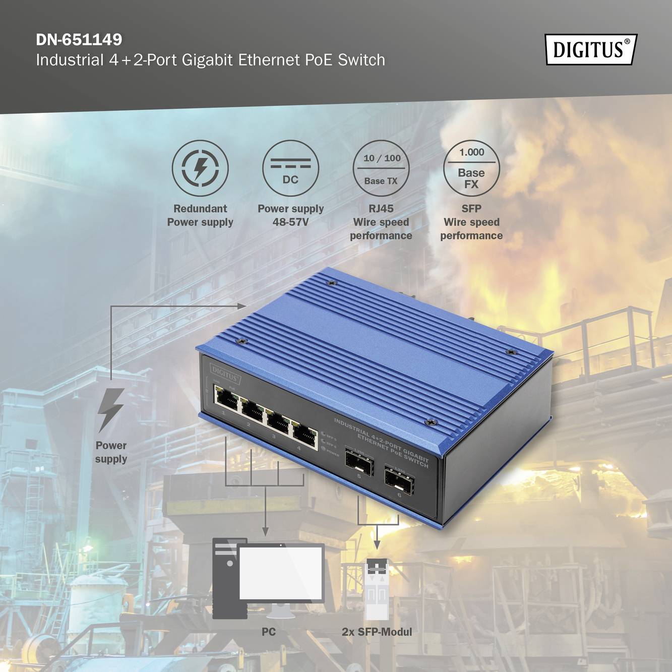 Priemyselný PoE switch so 6 portami. Podporuje Gigabit Ethernet. Kryt s RJ45 a SFP modulovými konektormi. Vhodný pre robustné nasadenie.