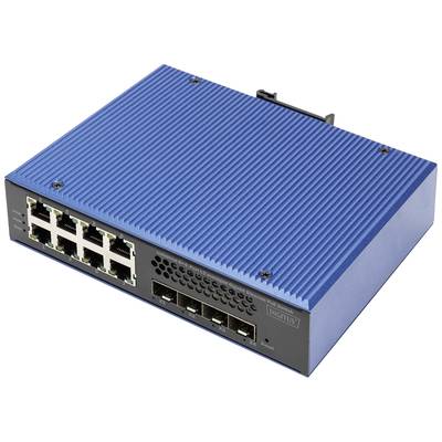 Modrý sieťový switch s ôsmimi ethernetovými portami a štyrmi optickými portami. Je určený na prenos dát v sieťach.