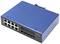 Modrý sieťový switch s ôsmimi ethernetovými portami a štyrmi optickými portami. Je určený na prenos dát v sieťach.