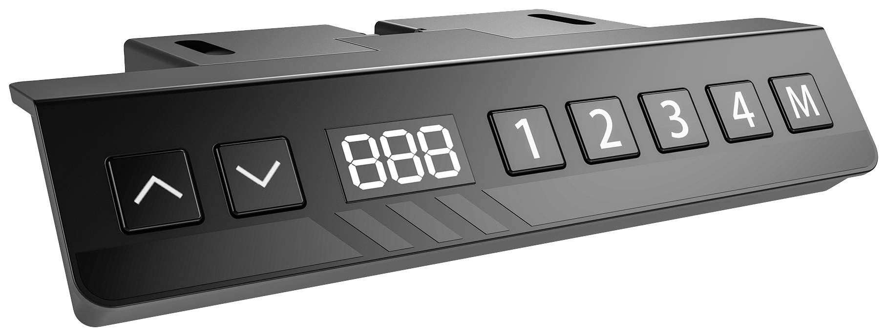Elektronický ovládací panel s digitálnym displejom '888', šípkami nahor a nadol, numerickými tlačidlami '1' až '4' a tlačidlom 'M'.
