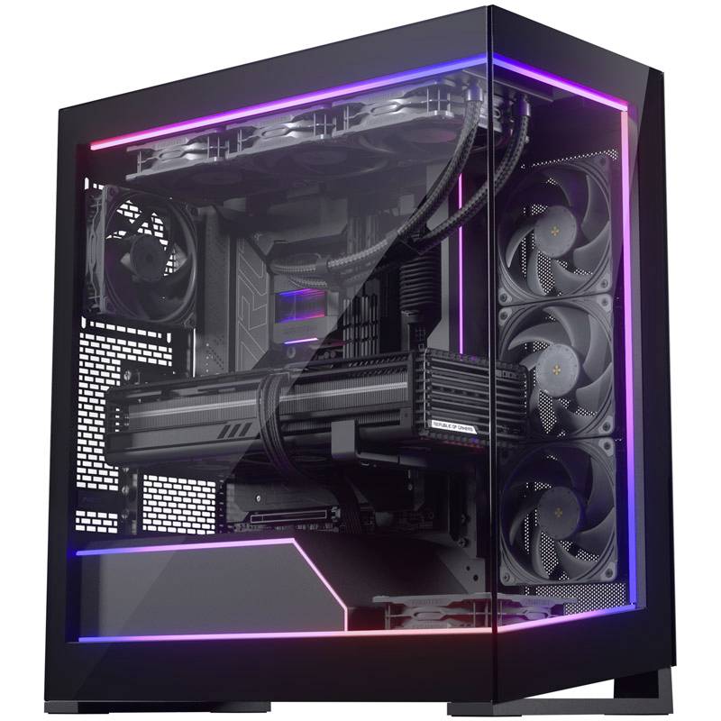 Priesvitná počítačová skrinka s RGB podsvietením, ktorá odhaľuje výkonné vnútorné komponenty, ako sú ventilátory a správa káblov.