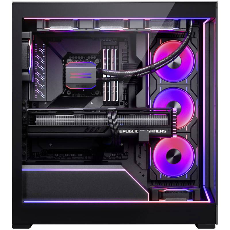 Herný počítač s priehľadným obalom, farebnými LED svetlami a viditeľnými ventilátormi. Vnútri logo 'Republic of Gamers'.