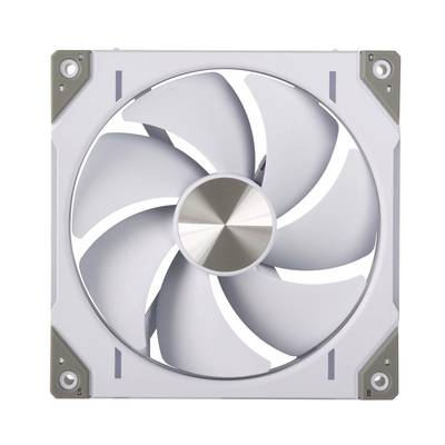 Štvorcový počítačový ventilátor v neutrálnom dizajne s šedými a bielymi krídlami, vhodný na montáž do počítačových skríň na chladenie počítačových komponentov.