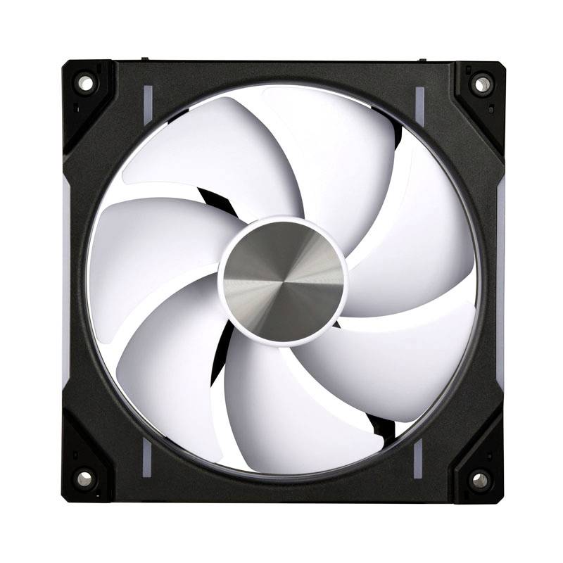 Štvorcový počítačový ventilátor s bielymi rotačnými listami v čiernom kryte, pohľad spredu.