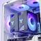 Pohľad do vnútra počítača s RGB podsvietenými ventilátormi a grafickými kartami vo svetlo osvetlenej skrinke.