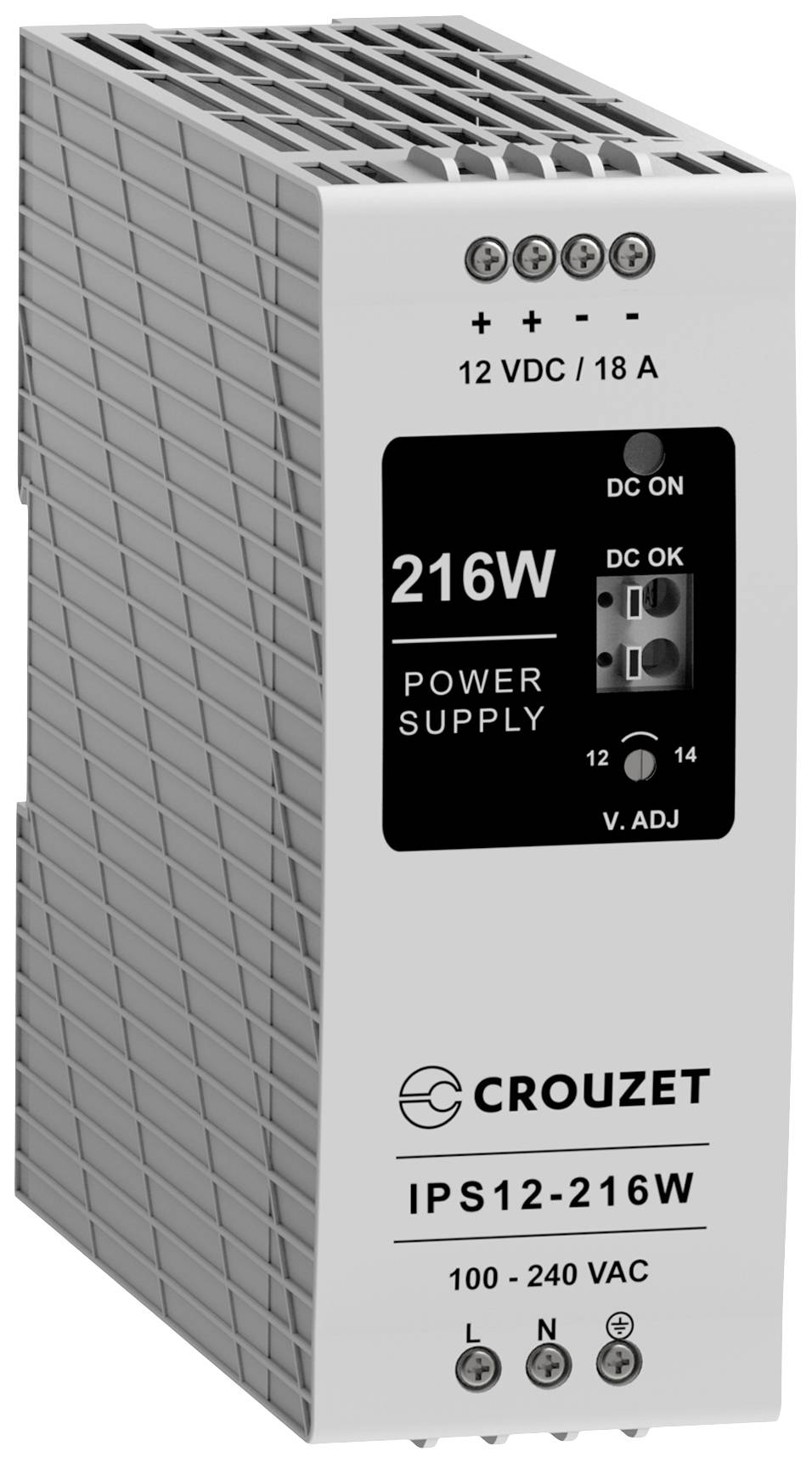 Sieťový zdroj 'Crouzet IPS12-216W' s výstupom 12 VDC, 18 A. Kompatibilný so vstupom 100-240 VAC. Funkcie: DC zap/vyp, DC OK.