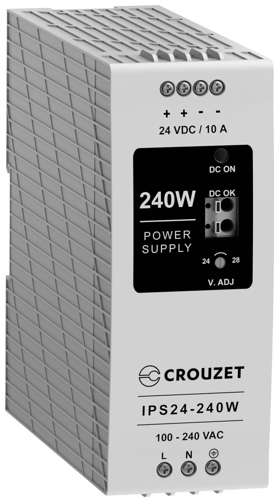 Spínací napájací zdroj Crouzet IPS24-240W so 240 W výkonom, 24 VDC/10 A, vstup 100-240 VAC. Indikátor 'DC ON' a 'DC OK'.