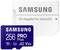 Pred bielym SD adaptérom na microSD karty so Samsung logom leží modrá pamäťová karta Samsung 256 GB PRO Plus microSD.