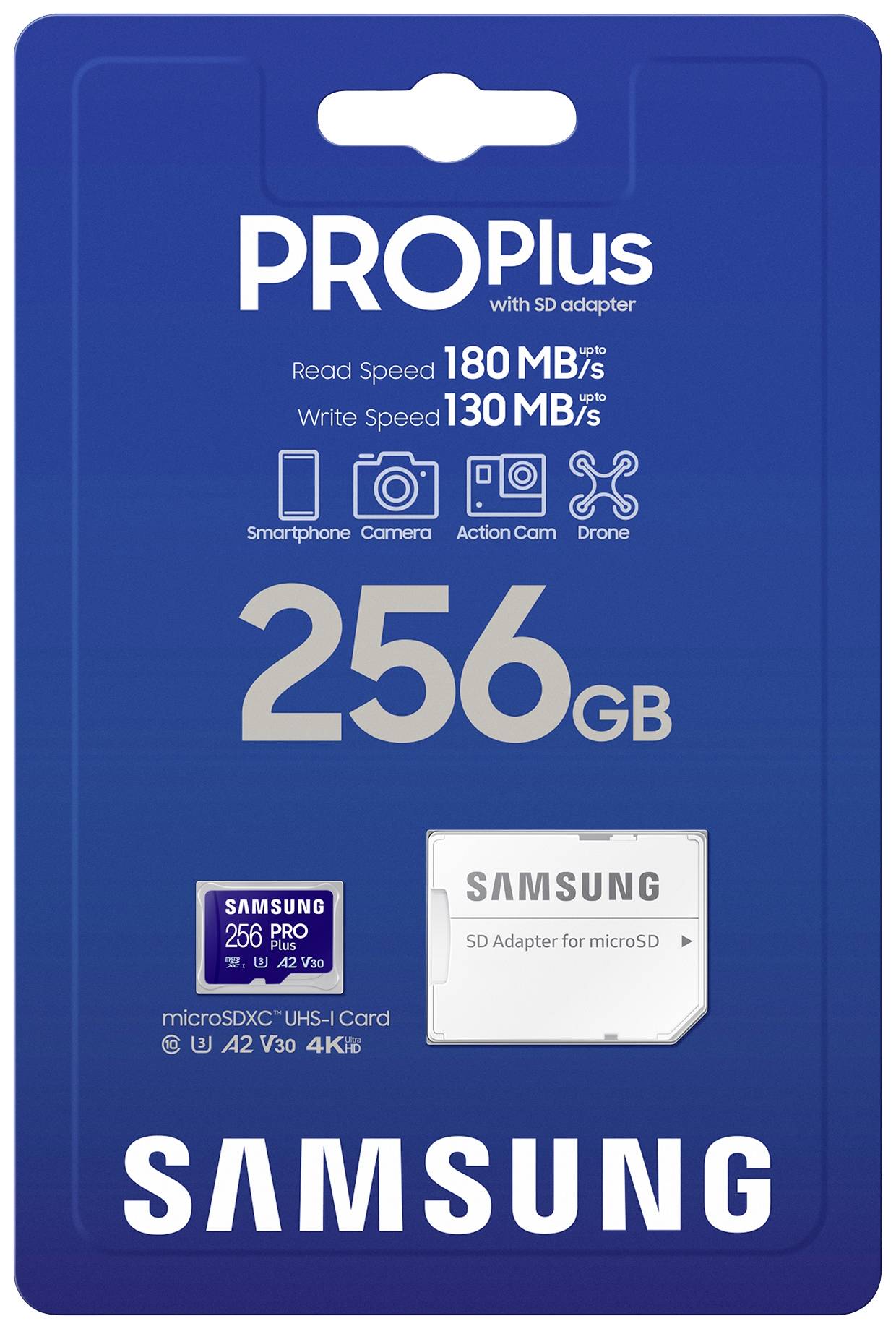 Pamäťová karta 'PRO Plus' od Samsungu s kapacitou 256 GB. Rýchlosť čítania: 180 MB/s, rýchlosť zápisu: 130 MB/s. Súčasťou balenia je SD adaptér.