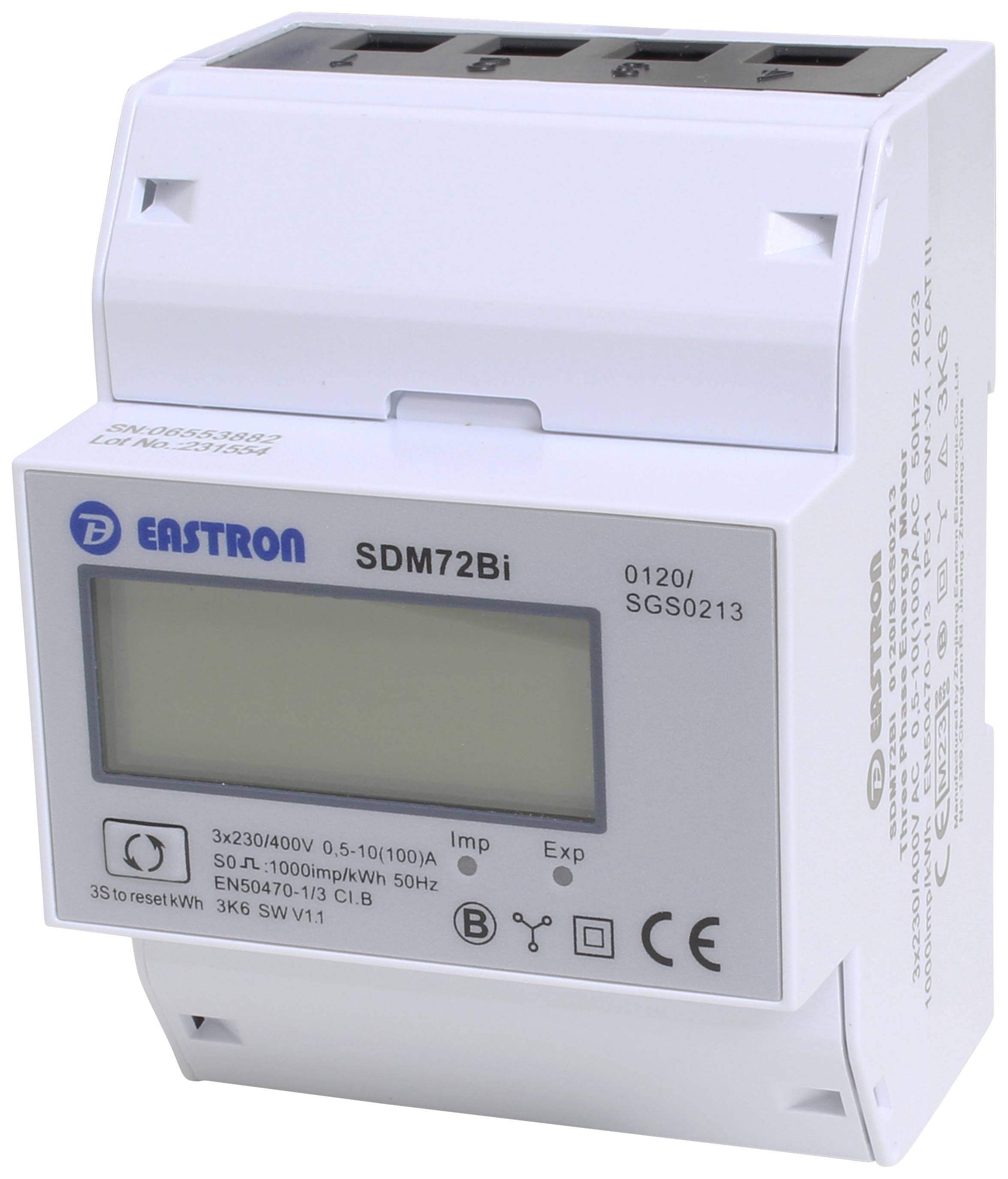 Digitálny elektromer s LCD displejom, model 'SDM72Bi' od spoločnosti Eastron, určený na monitorovanie spotreby a exportu elektrickej energie.