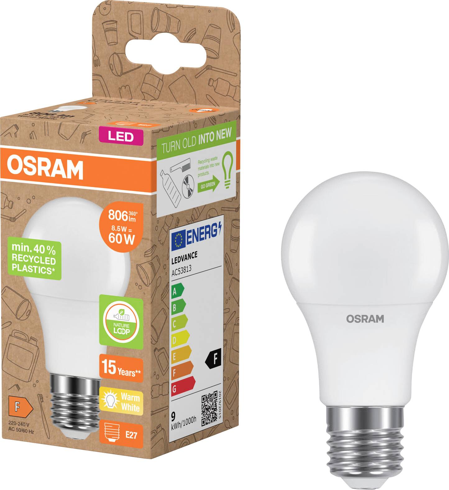 Žiarovka OSRAM LED zobrazená vedľa svojho maloobchodného balenia, označená 806 lm, 8,5 W, ekvivalent 60 W, E27 a „40% recyklovaných plastov".
