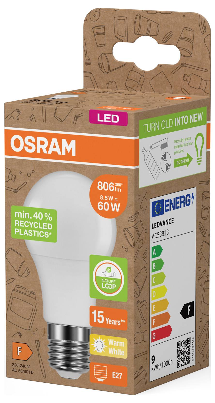 OSRAM LED svetelná žiarovka v balení s údajmi o 8,5W 60W ekvivalentnej teplej bielej žiarovke, energetická trieda F, 806 lúmenov, 15 rokov a 40% recyklovaného plastu.