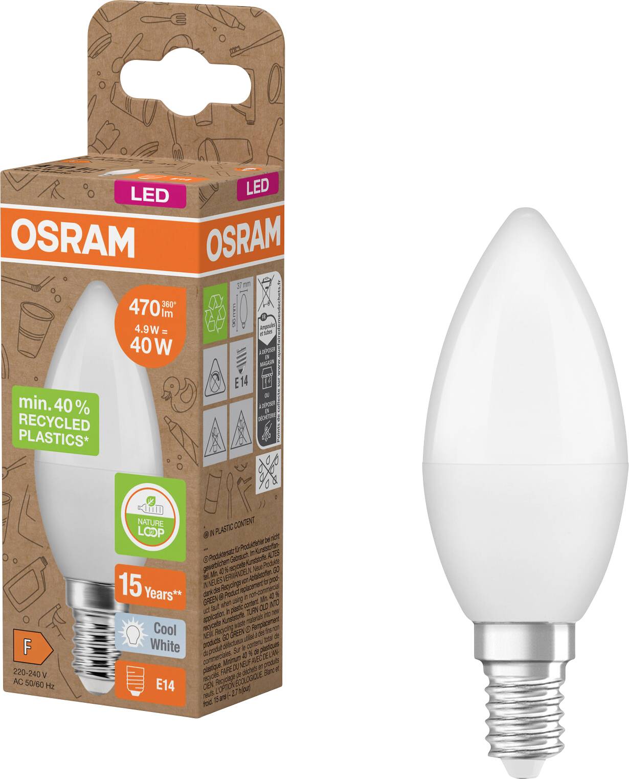 OSRAM LED sviečková žiarovka v obale, označená 470 lm, 4,9 W, ekvivalent 40 W, studená biela, pätica E14, životnosť 15 rokov, 40% recyklovaných plastov.