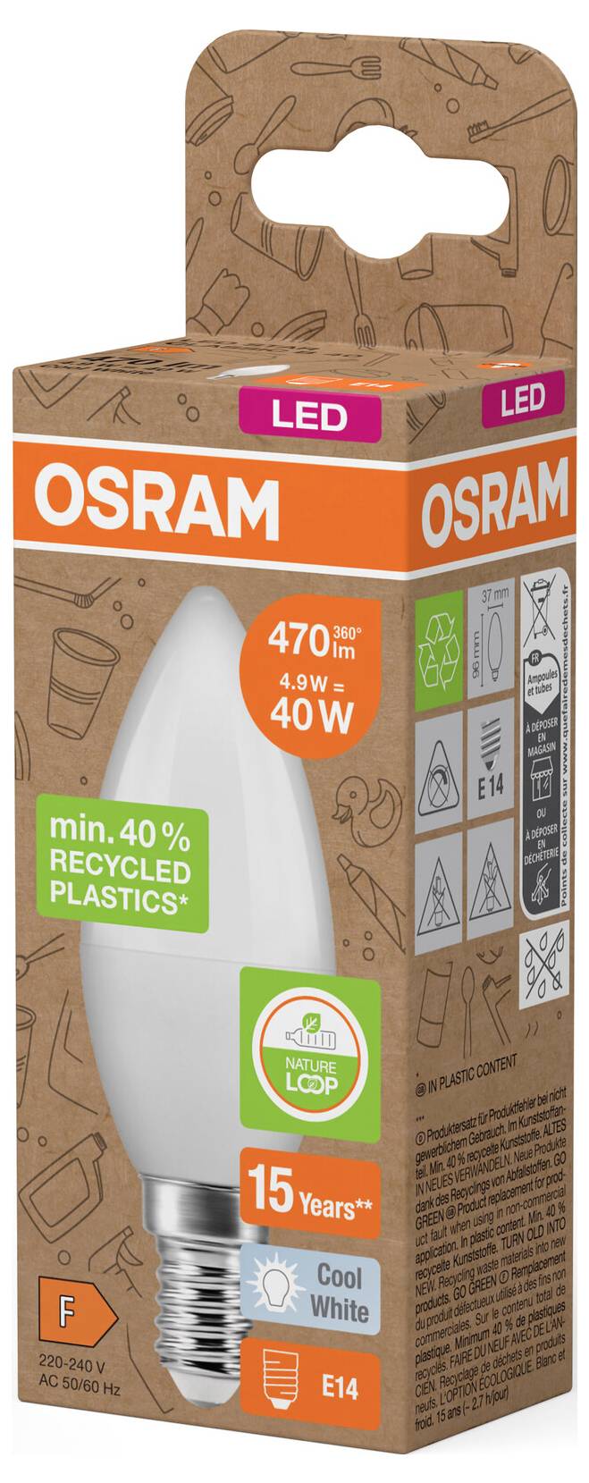 Balík LED žiarovky OSRAM s hnedým dizajnom z recyklovaného plastu, s ekvivalentom 40W, studená biela, pätica E14 a životnosťou 15 rokov.