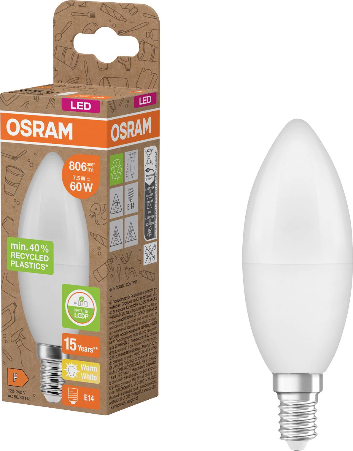 OSRAM LED sviečková žiarovka a jej balenie, označená 7,5 W, ekvivalent 60 W, teplá biela, E14, 806 lm.
