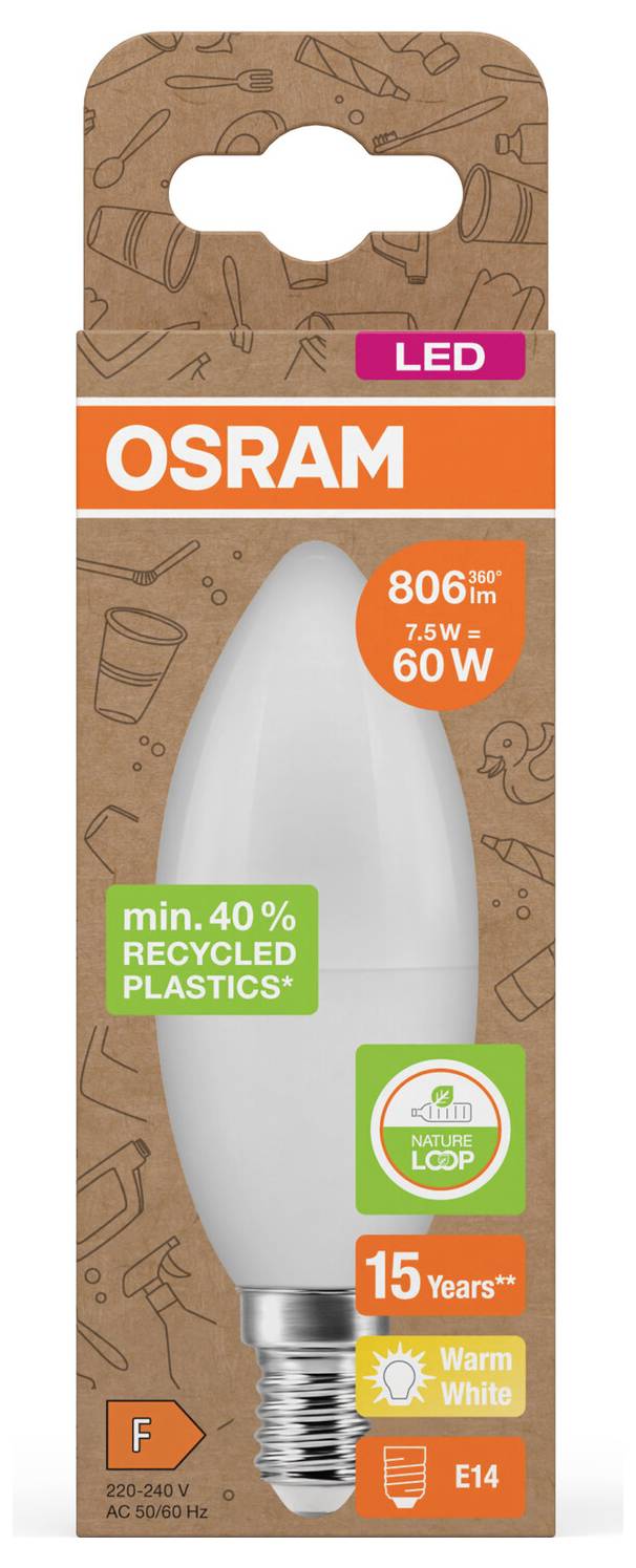 Balíček LED žiarovky OSRAM s 806 lm, 7,5 W, ekvivalent 60 W, teplá biela, pätica E14, 15 rokov a minimálne 40% recyklovaného plastu.
