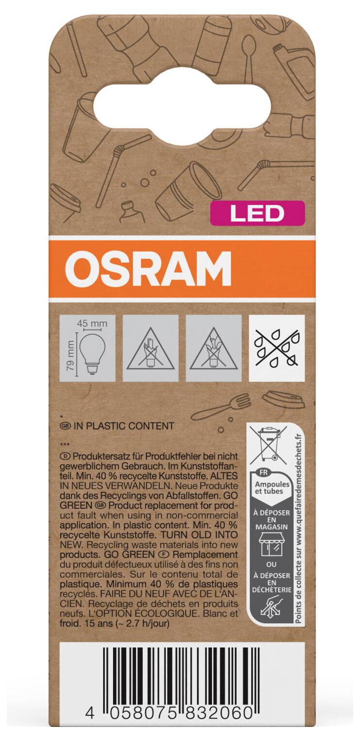 OSRAM LED žiarovka v balení z hnedého kartónu s oranžovým štítkom, ikonami produktu, varovnými symbolmi a čiarovým kódom na zadnej strane balenia.