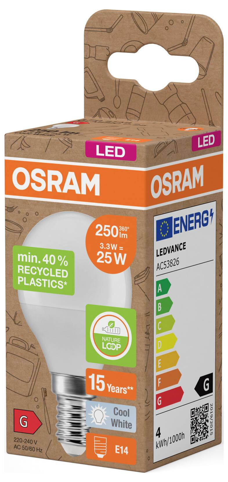 Krabica LED žiarovky OSRAM s "min. 40% recyklovaného plastu", 3,3W ekvivalent 25W, E14, životnosť 15 rokov, energetická trieda G.