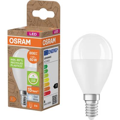 LED žiarovka OSRAM a jej maloobchodná krabica s E14 zásuvkou, energetickým triedením 8 kWh/1000h, výkonom 6W, svetelným tokom 806 lúmenov a životnosťou 15 rokov.