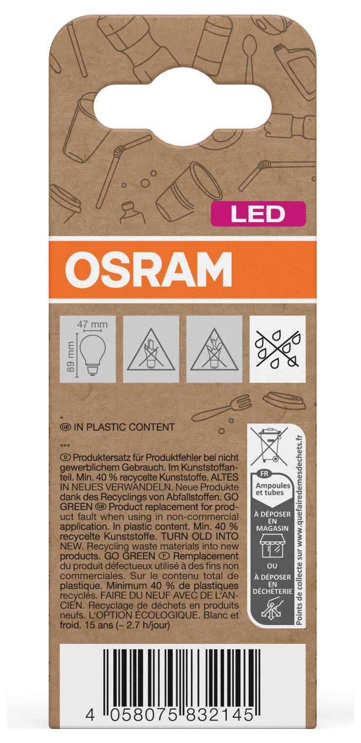 OSRAM LED žiarovka na obale s oranžovým pásom značky, ikonami produktu, informáciami o recyklácii a čiarovým kódom v spodnej časti.